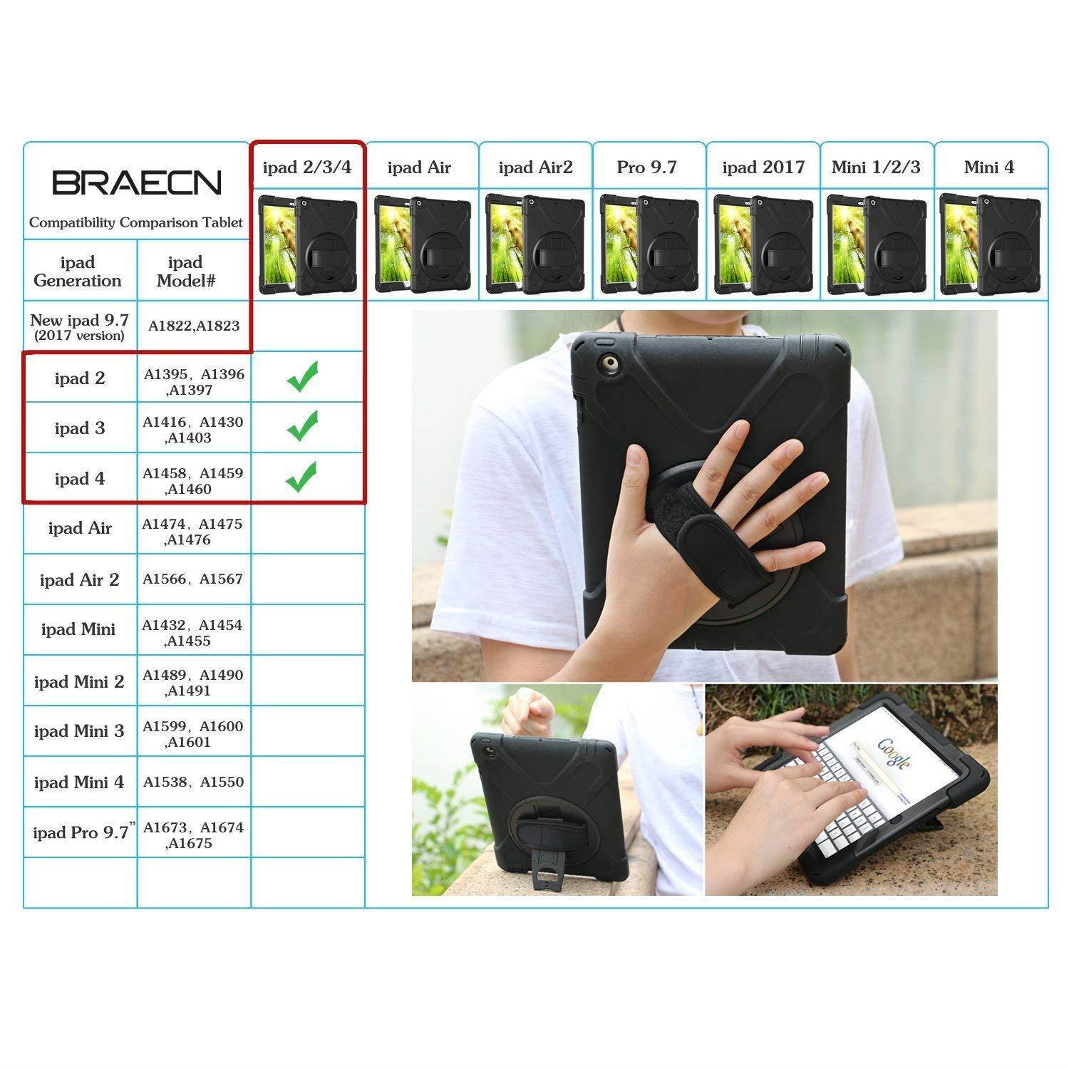 iPad 2 Case for Kids, iPad 2 3 4 Case, BRAECN[360 Degree Rotation Handle Grip] Three Layer Heavy Duty Shockproof Protective Case for iPad A1395 A1396 A1397 A1403 A1416 A1430 A1458 A1459 A1460 Black