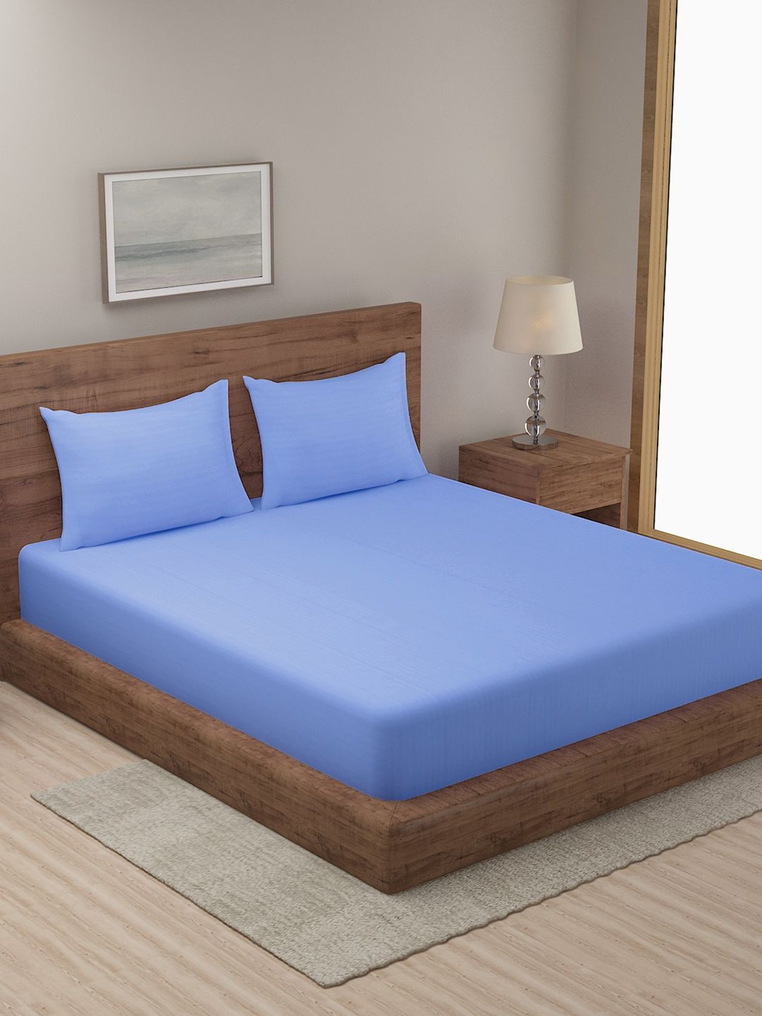 Hosta Homes Stripes Blue 280 TC Poly Satin Fitted King Bed Sheet with 2 Pillow Covers