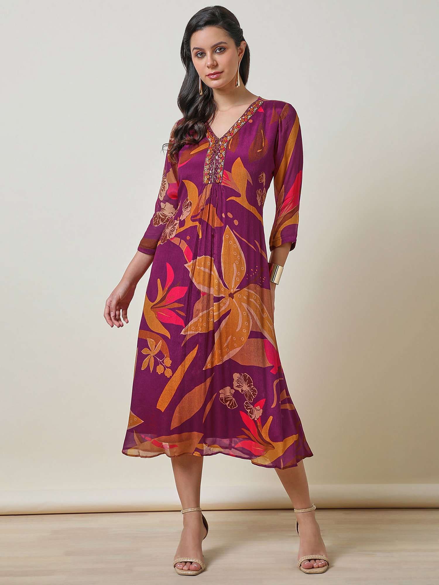 Saffron Threads Black Cotton Floral Print Ethnic Dress