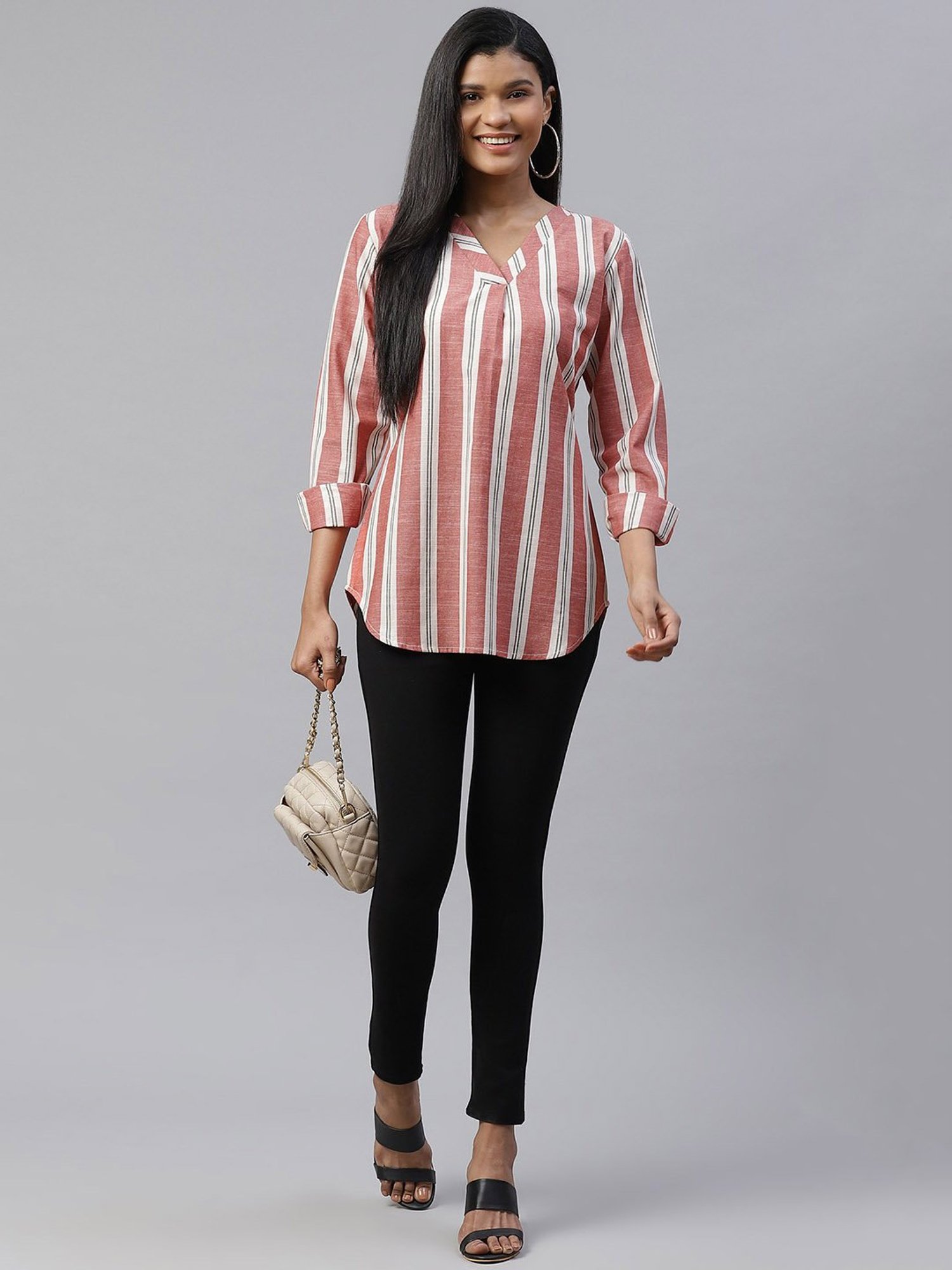 Cottinfab Off White & Red Striped Cotton Top