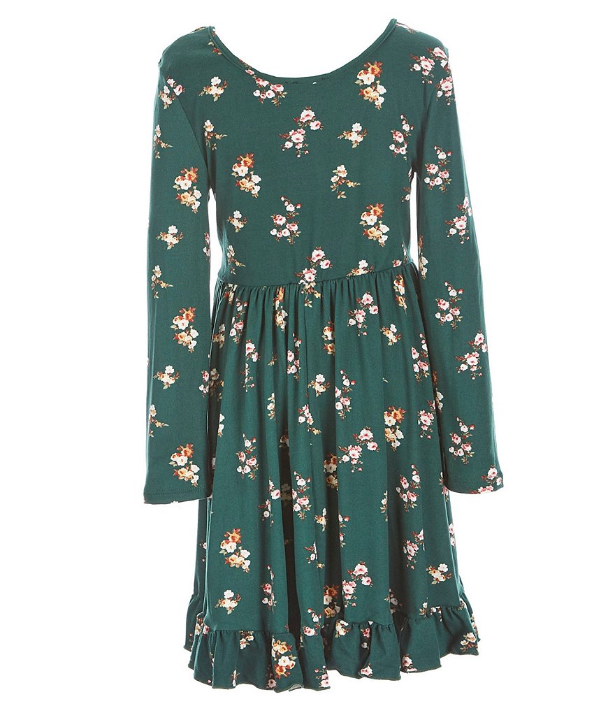 Zunie Big Girls 7-16 Long-Sleeve Ditsy Print Ruffle Hem Babydoll Dress