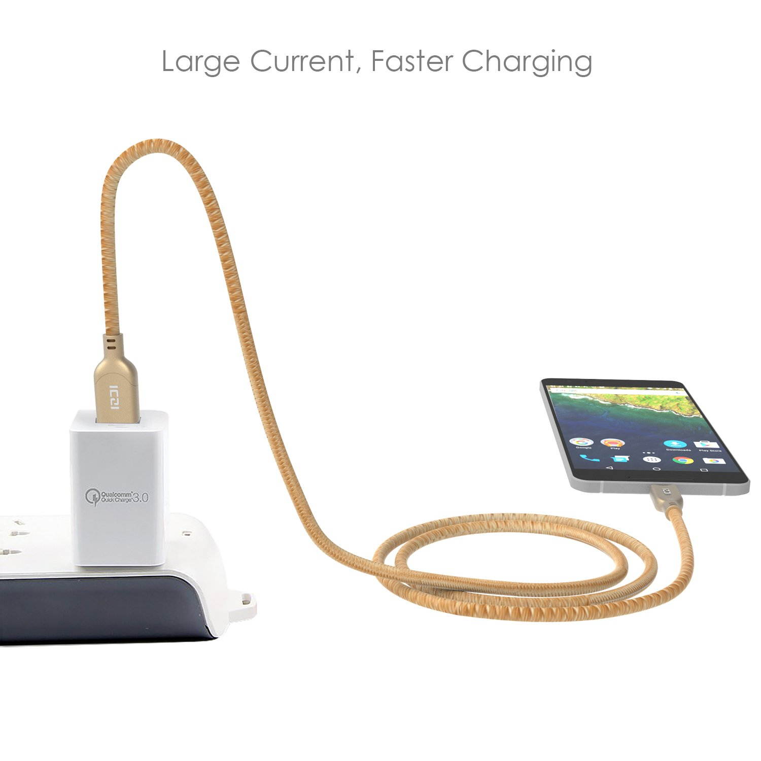 USB C Cable 3FT, ICZI USB C Cable 3 Pack USB C to USB 3.0 Cable Fast Charge Braided Cord for Samsung S9/S8, Huawei Mate 20/10, LG and More -Bright Gold