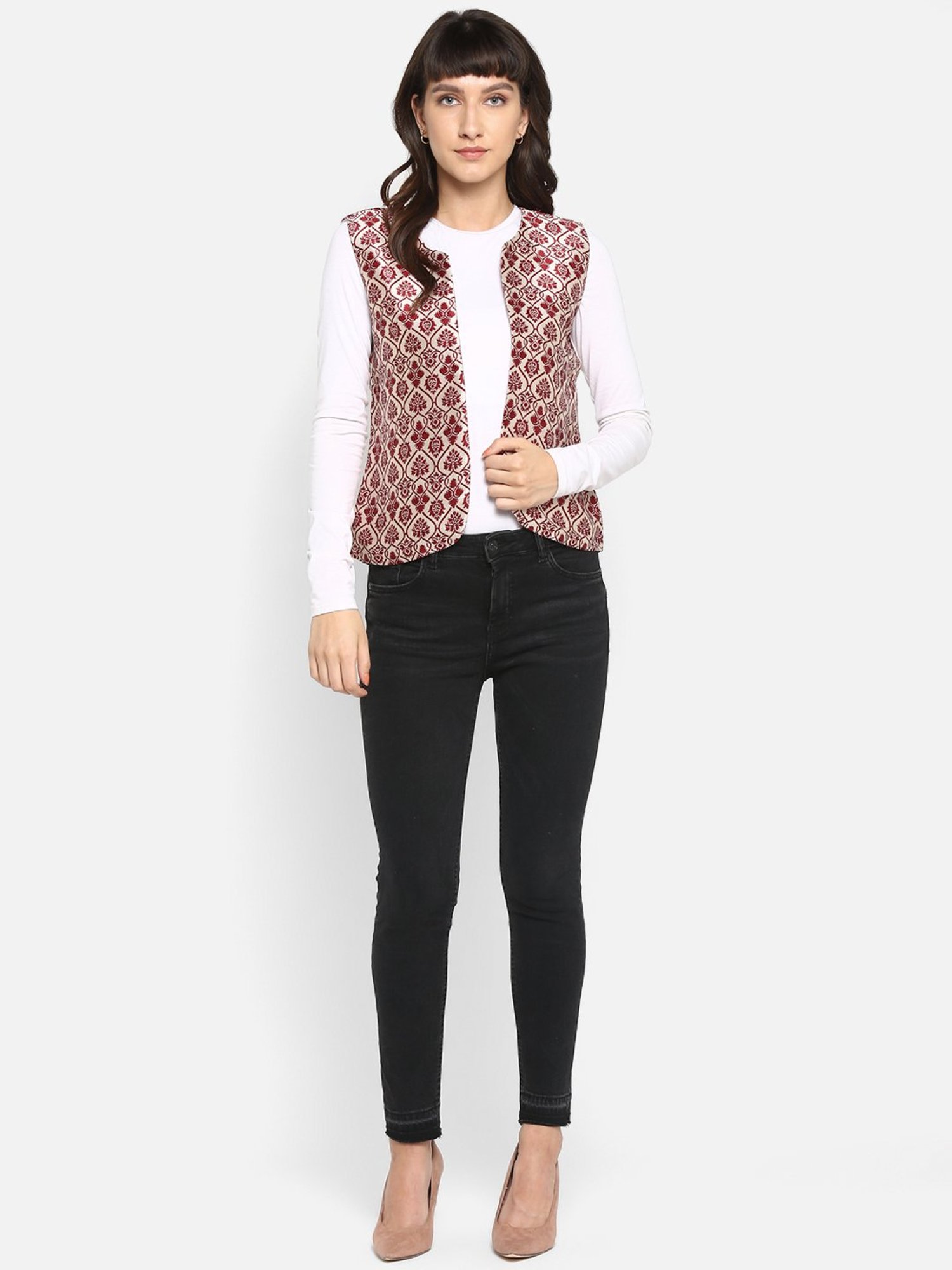 Hangup Maroon Jacquard Pattern Shrug