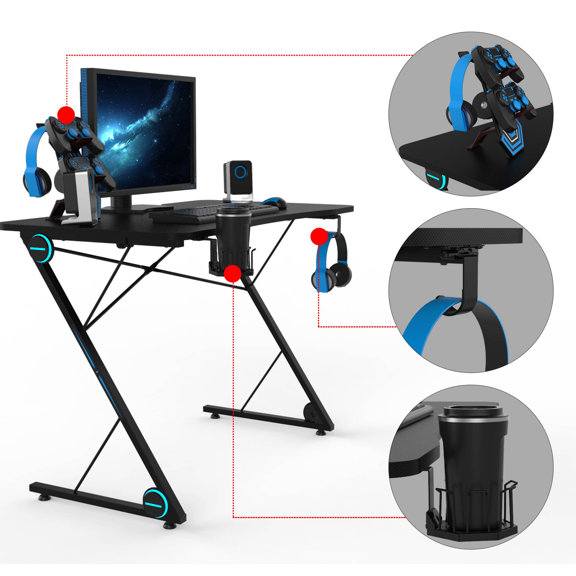 Gaming Desk, PC Computer Desk Gaming Desk with LED Light, Gaming Handle Rack, Cup Holder and Headphone Hook Holder, Z-Shaped E-Sport Gamer Workstation, Ergonomic Gaming Table for Home Office, Black