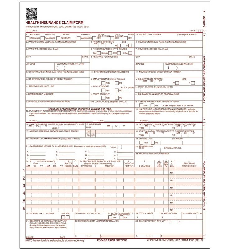 Adams CMS-1500 1 Part Health Insurance Claims 100/Pack (ABF CMS1500L1V) 486075