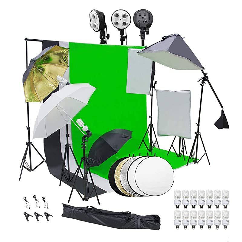 Photography Lighting Kit, 10ft x 6.6ft/2M x 3M Background Support System with 3 Color Backdrop, 3 Umbrella, 3 Softbox, Continuous Lighting Backdrop Kit for Photo Video Shooting