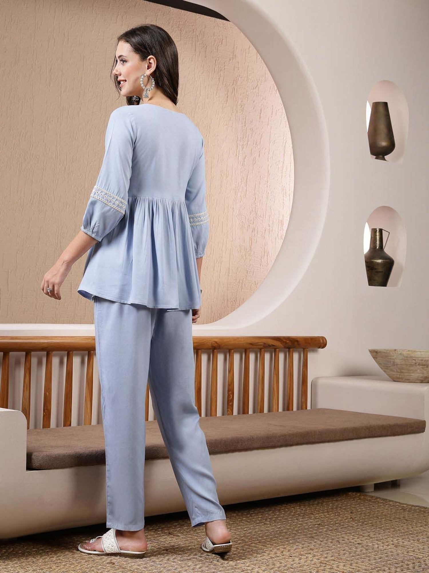 Stylum Blue Embroidered Top Pant Set