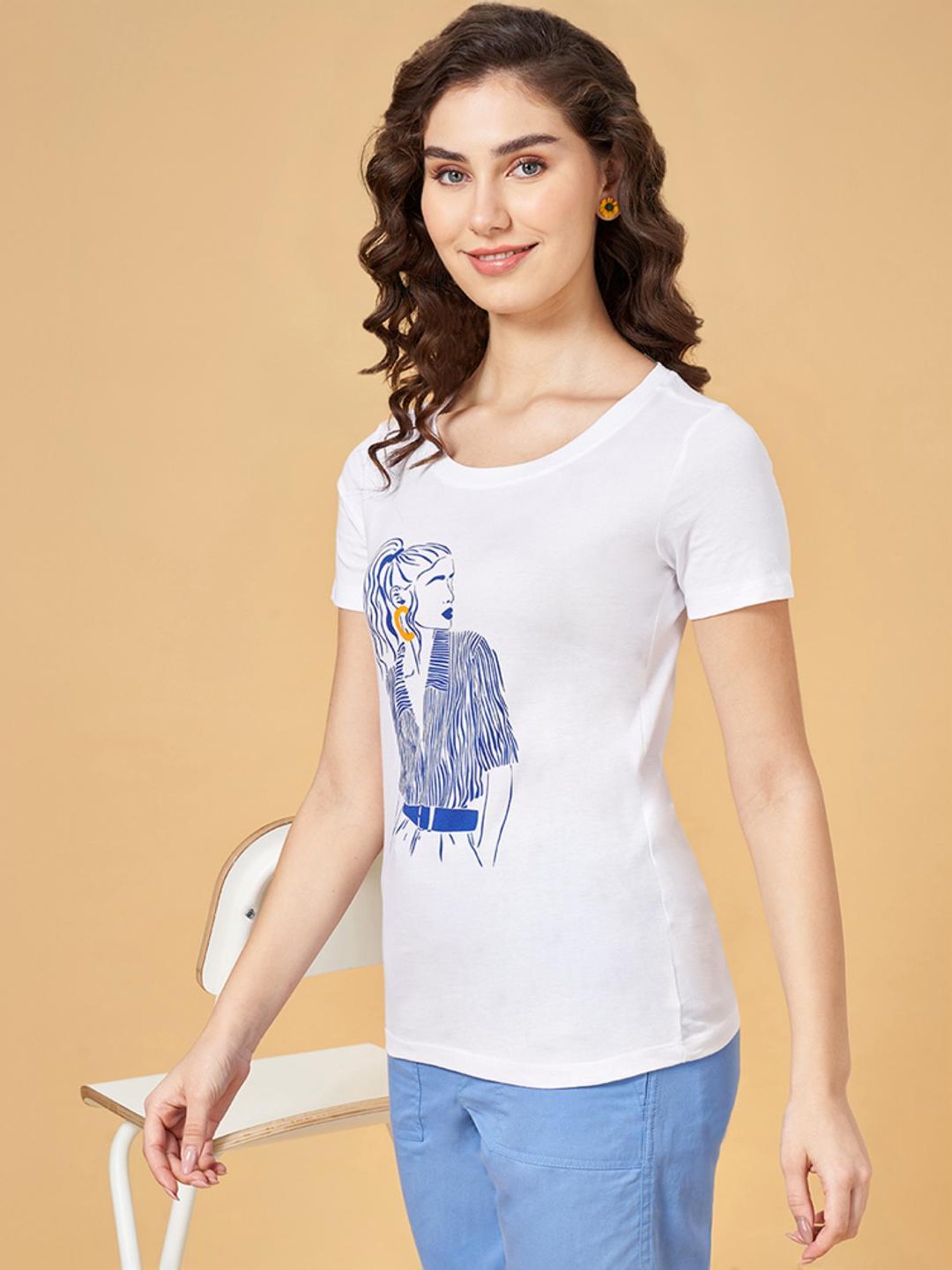 Honey by Pantaloons White Cotton Printed T-Shirt