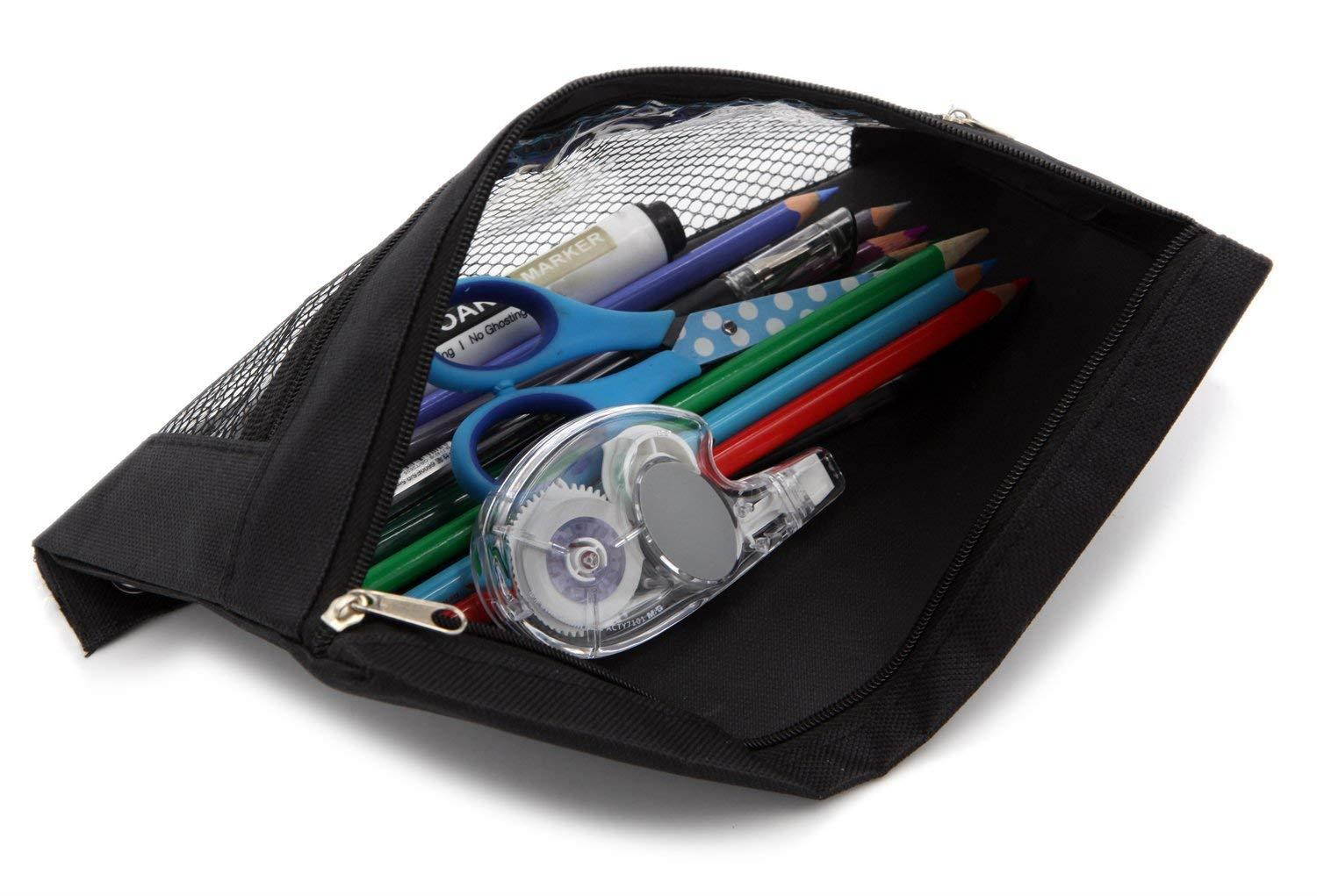 Pencil Case Pencil Pouch Zipper with 3 Ring and Double Pocket and Mesh Window(Black,6 Pack)