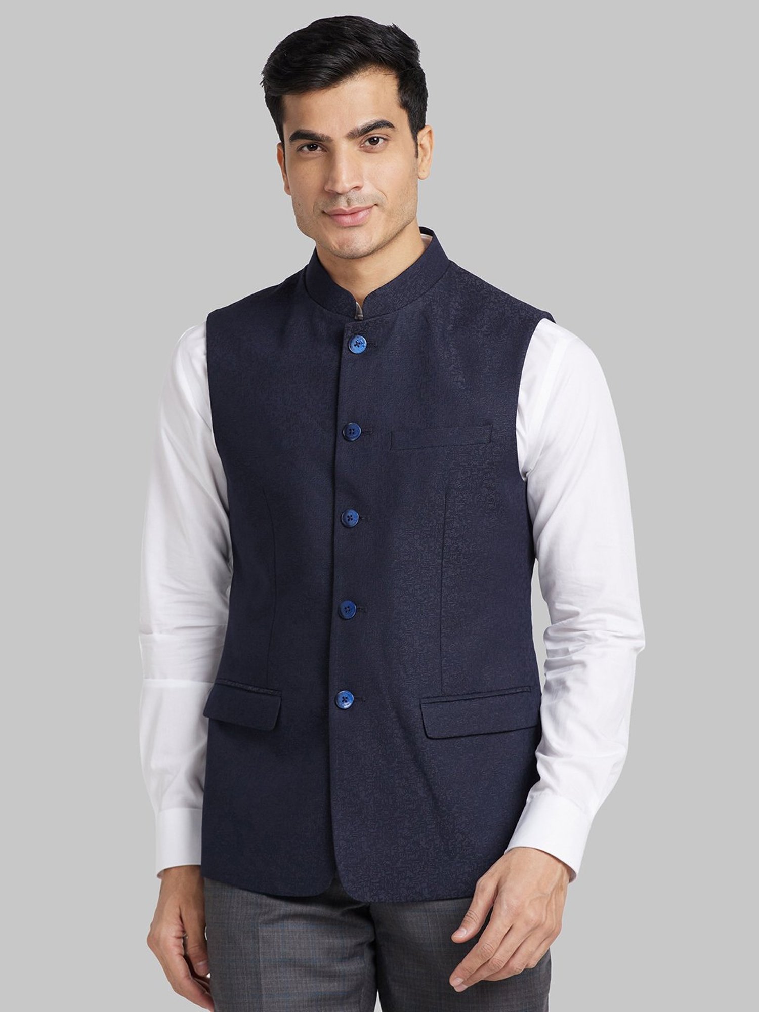Park Avenue Blue Slim Fit Self Pattern Nehru Jacket