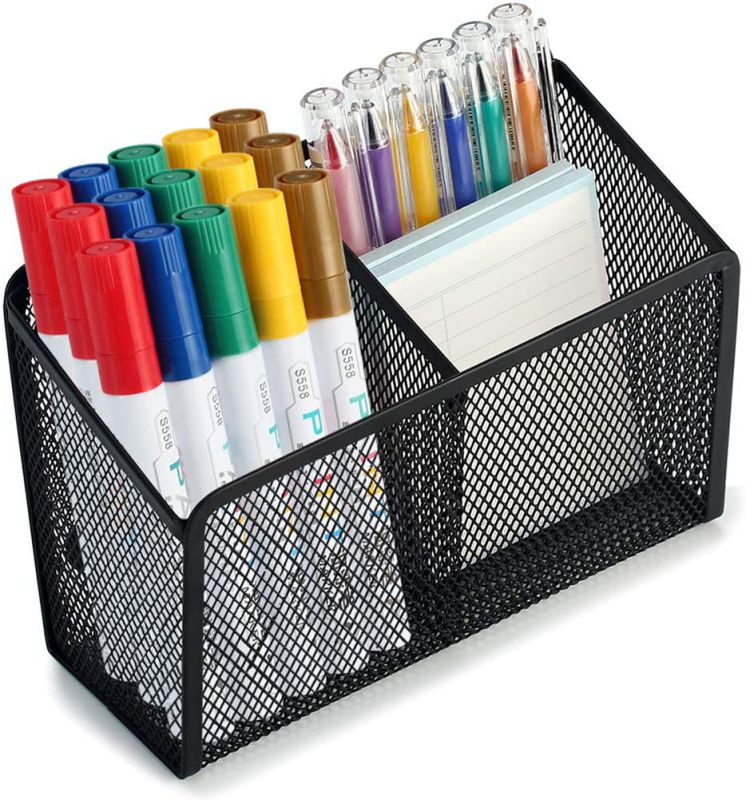 Pen Holder Magnetic Pencil Holder - 2 Generous Compartments Extra Strong Magnets Mesh Marker Holder Perfect for Whiteboard, Refrigerator and Locker Accessories(black)