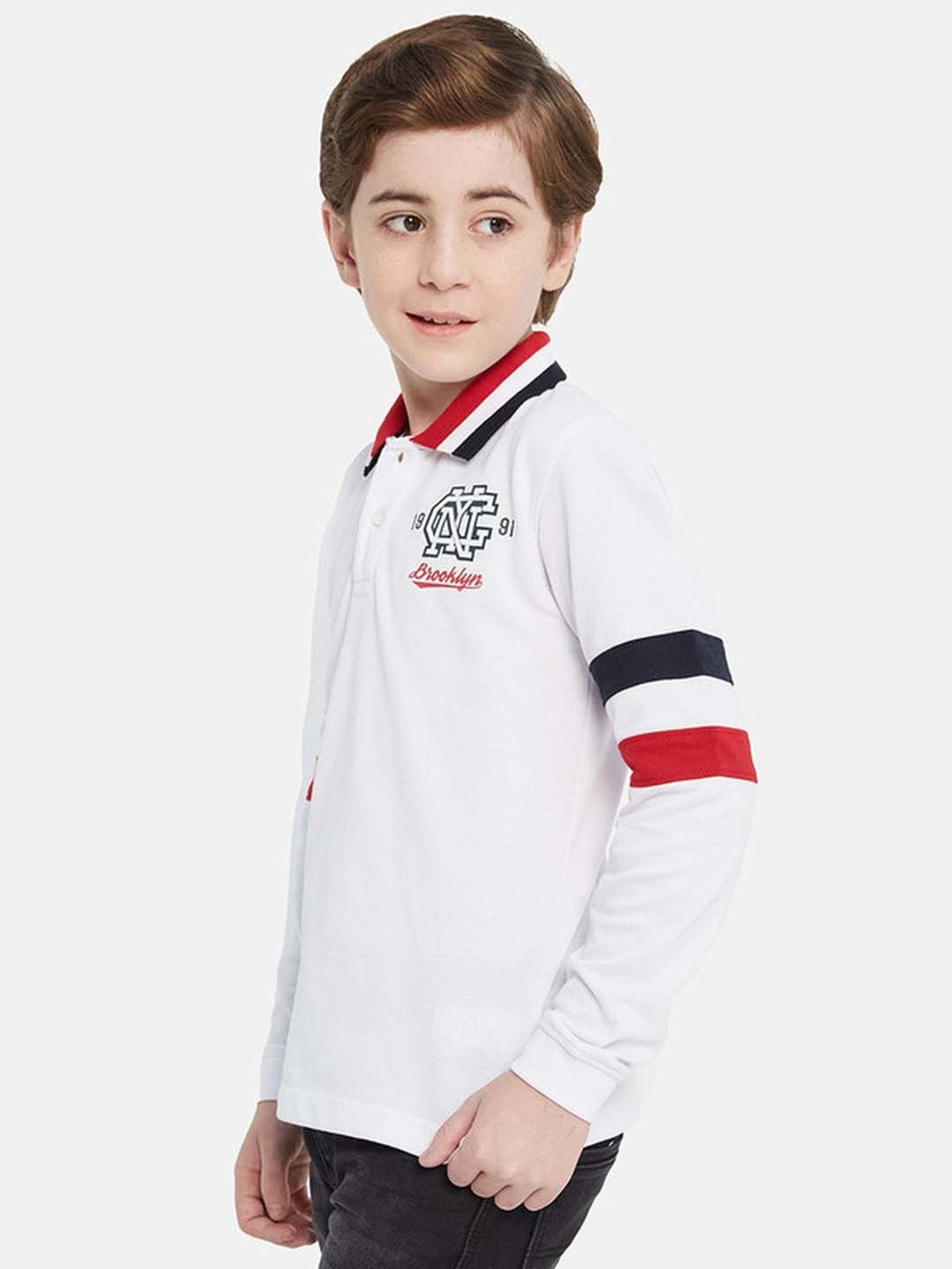 Octave Boys White Cotton Printed Full Sleeves Polo T-Shirt