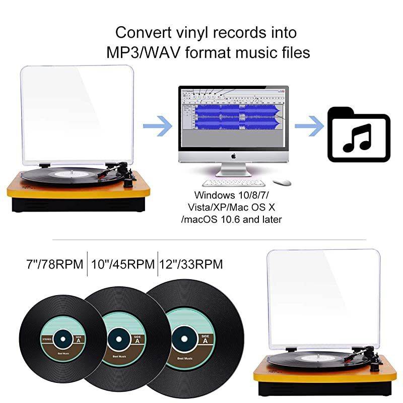 Wood Turntable 3 Speed RetroampModern DJ Vinyl LP Records Player with Stereo Speakers Supporting Vinyl to MP3 Converter T202PC
