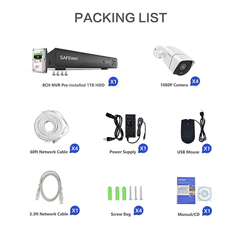 POE Security Camera System with 1TB Hard Drive, 8 Channel IP NVR Systems 4pcs Full hd 1080p Indoor Outdoor Home Surveillance Cameras with Night Vision Motion Detection,Power Over Ethernet