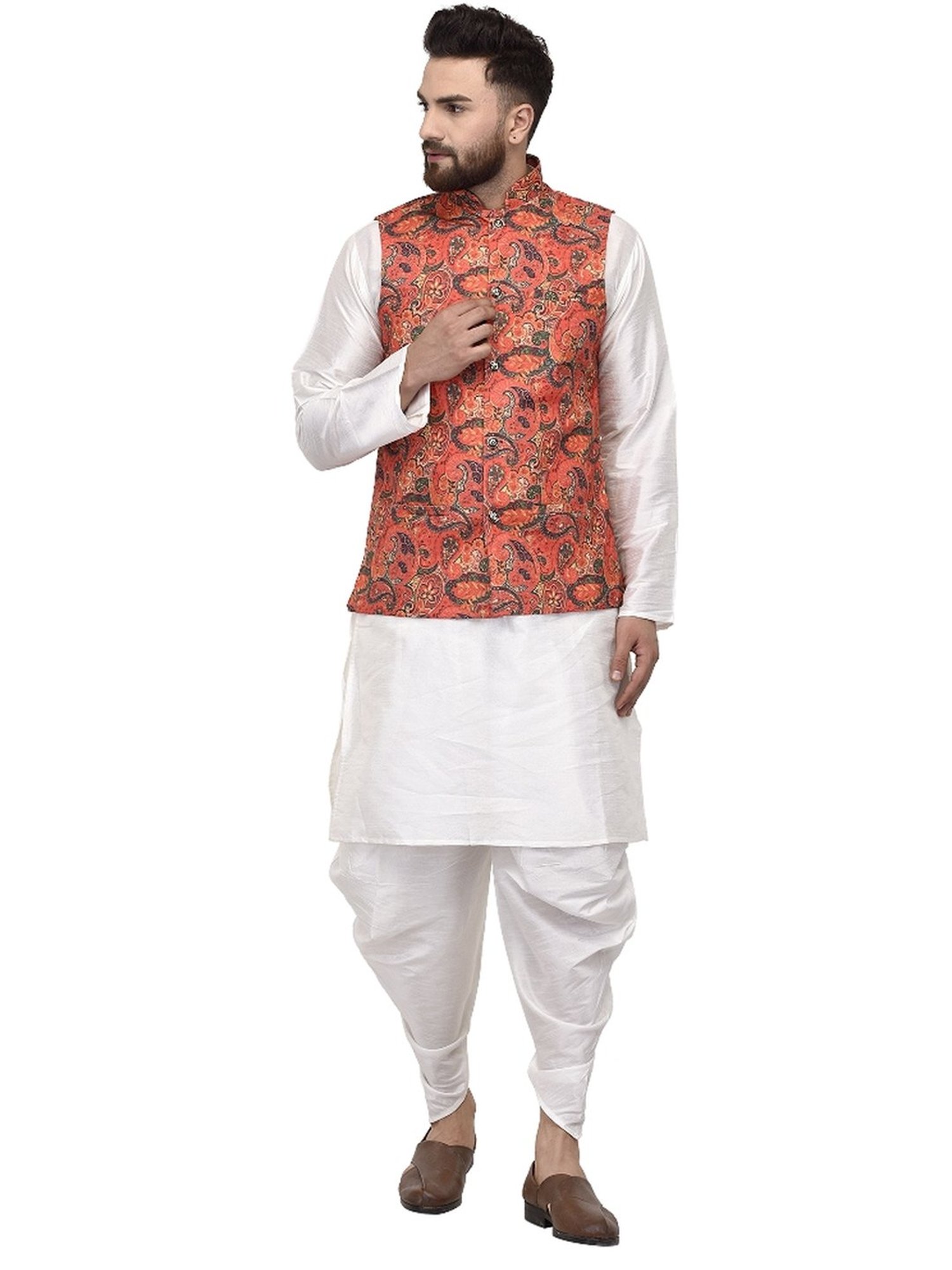 Benstoke White & Orange Regular Fit Paisley Kurta Set With Jacket