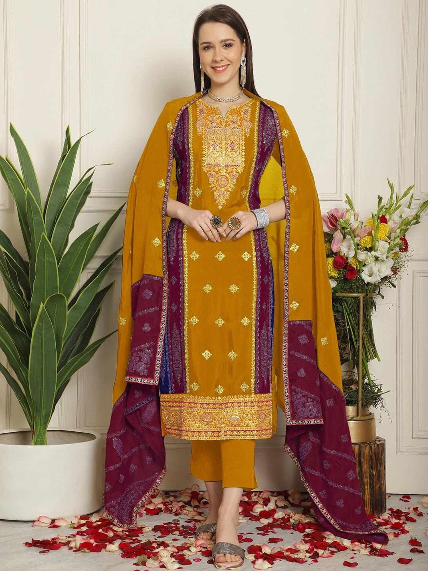 Stylee LIFESTYLE Mustard Embroidered Unstitiched Dress Material