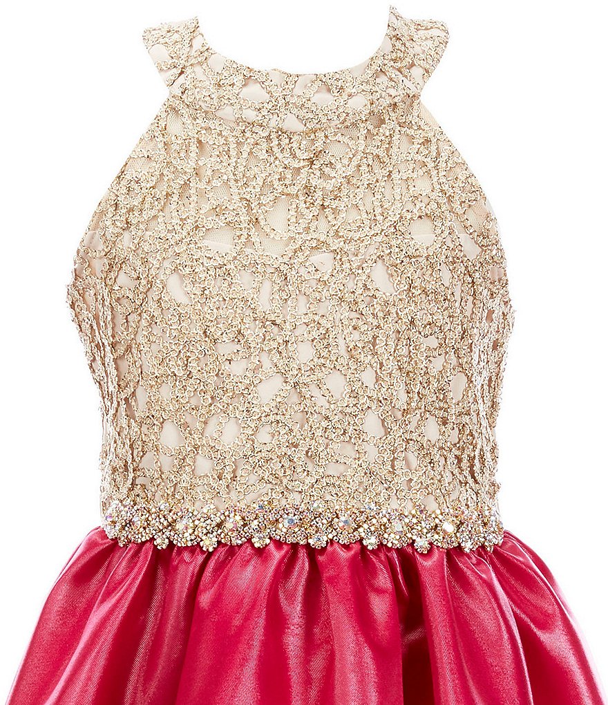 Rare Editions Big Girls 7-16 Halter-Neck Embroidered/Mikado Hi-Low Dress