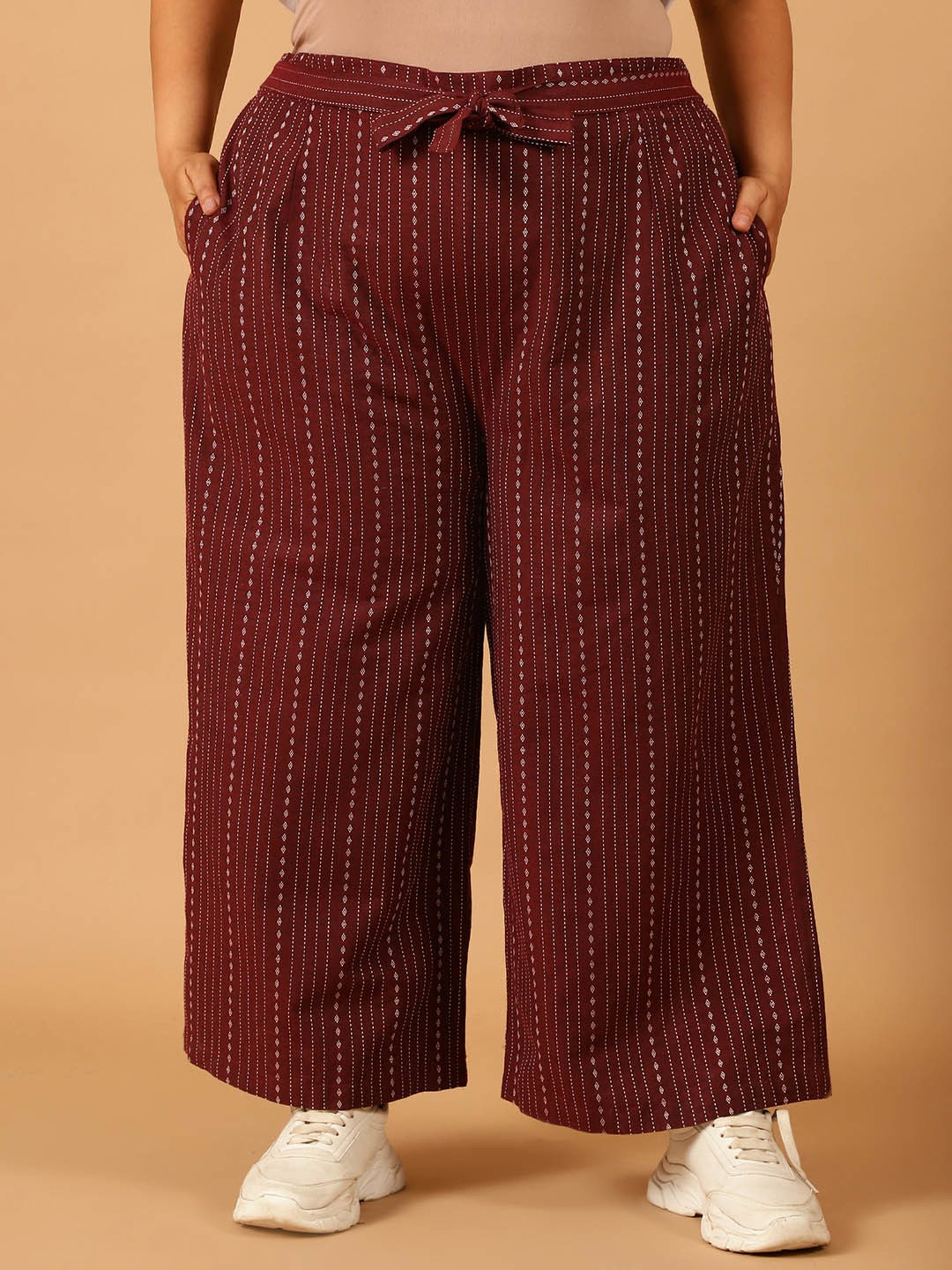 Moms Maternity Maroon Striped Regular Fit Mid Rise Plus Size Trousers