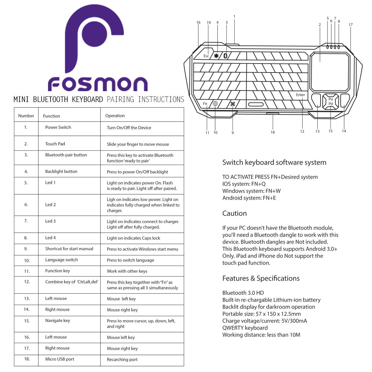Fosmon Portable Mini Wireless Bluetooth Keyboard Controller with Built-In Touchpad for Tablets, Smartphones & PS3 - Compatible with Samsung Galaxy S4 S IV S3 SIII /  - Black and Orange