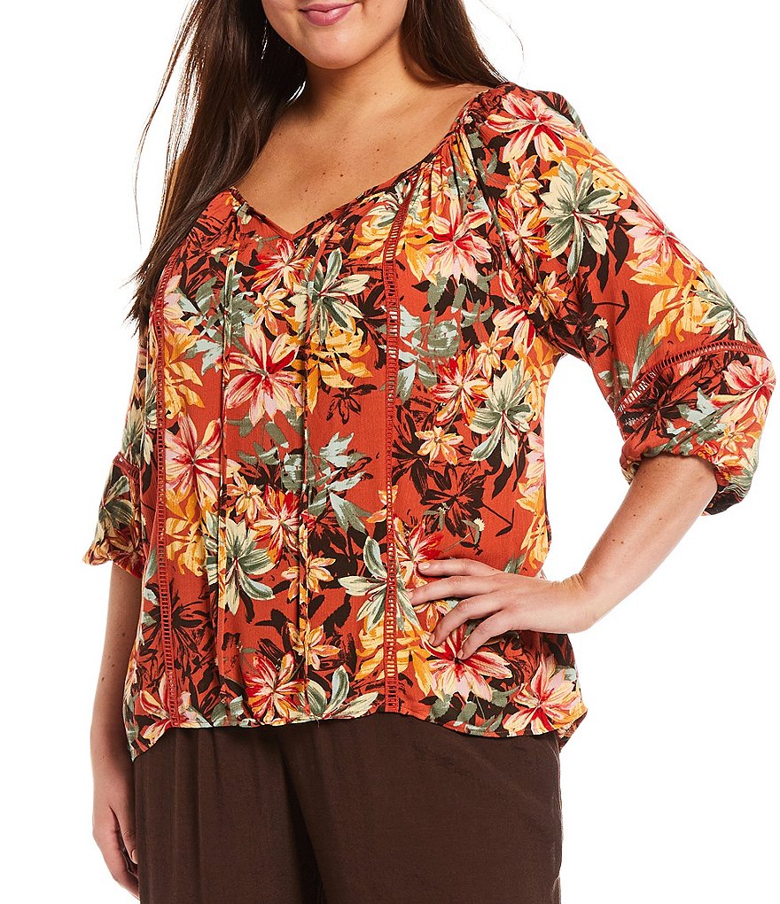I.N. Studio Plus Size Floral Print Ladder Trim Detail Tie Spread V-Neck 3/4 Sleeve Crepon Boxy Babydoll Peasant Top