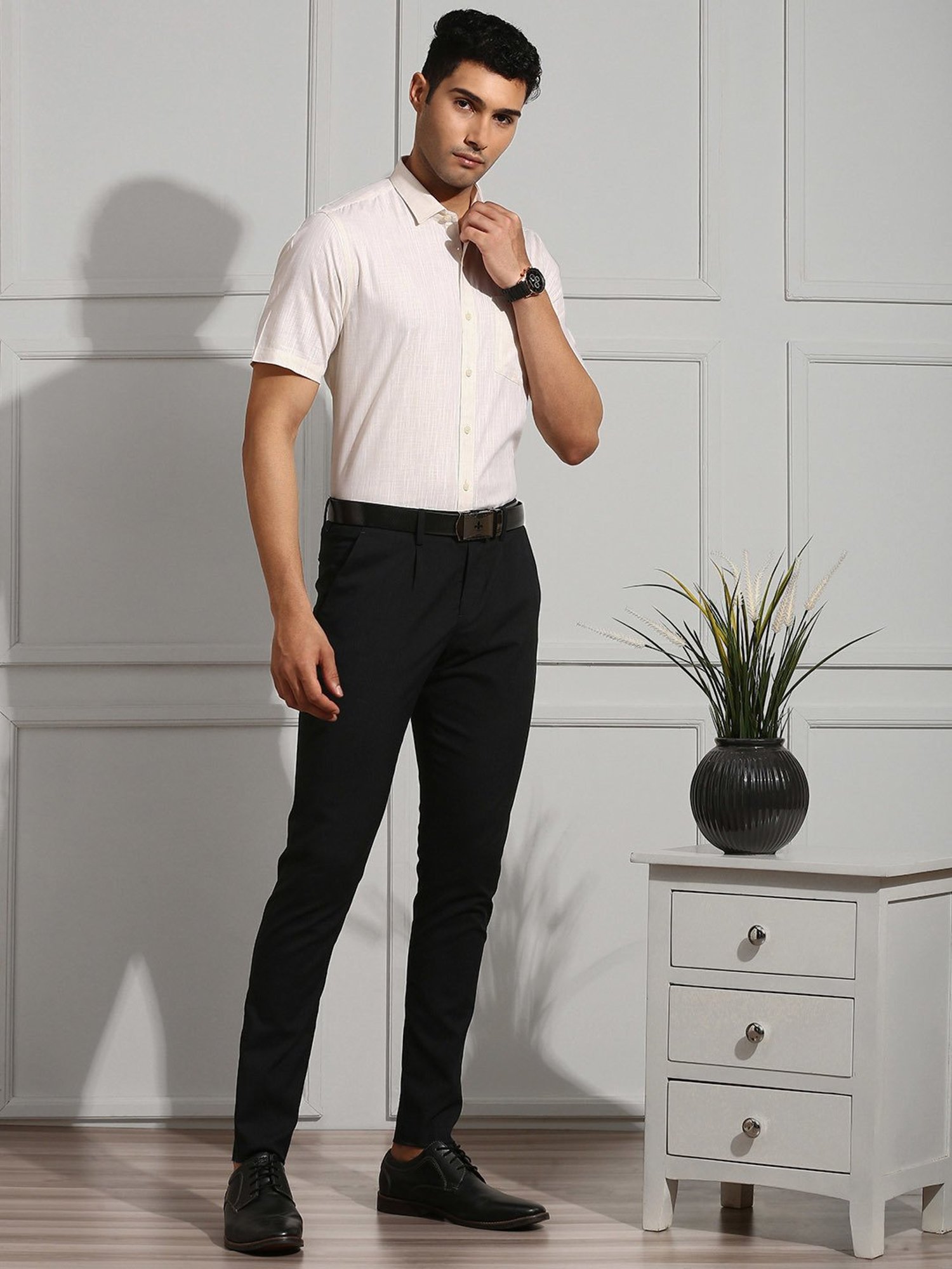 Ramraj Cream Regular Fit Textured Cotton Shirt