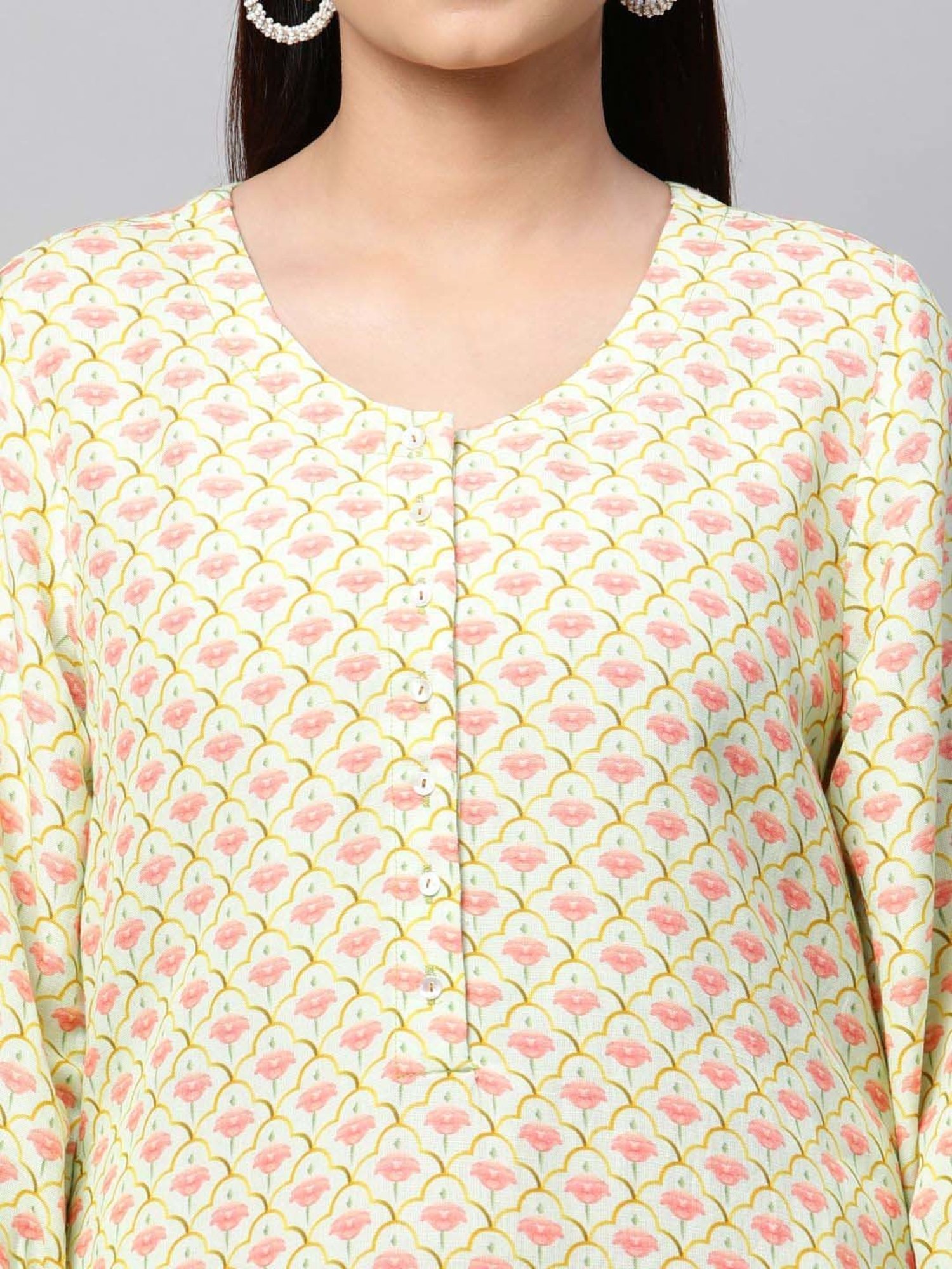 Linen Club Woman Beige Linen Floral Print Straight Kurta