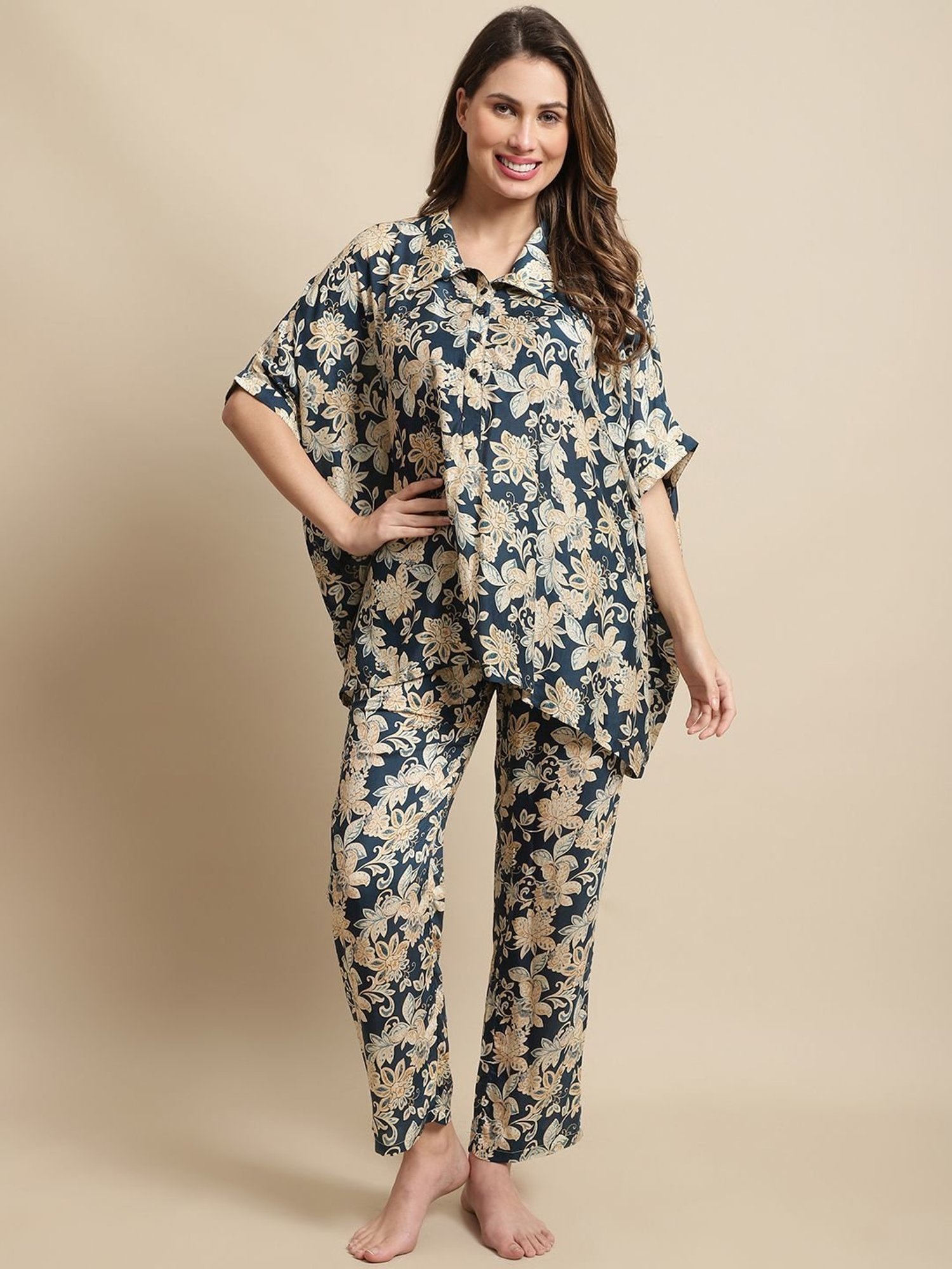 Kanvin Navy Printed Kaftan Palazzo Set
