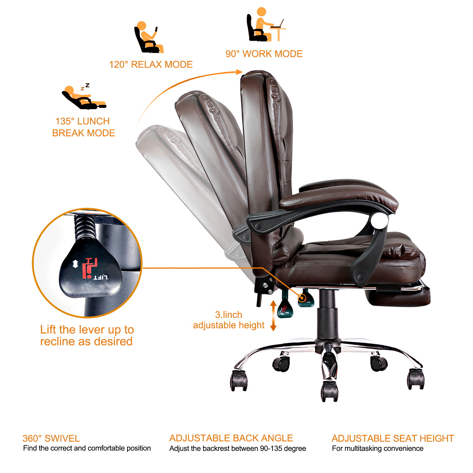 Ergonomic Executive Office Swivel Chair, Gaming Chair, Computer Chair, high Back, Adjustable Height and Angle