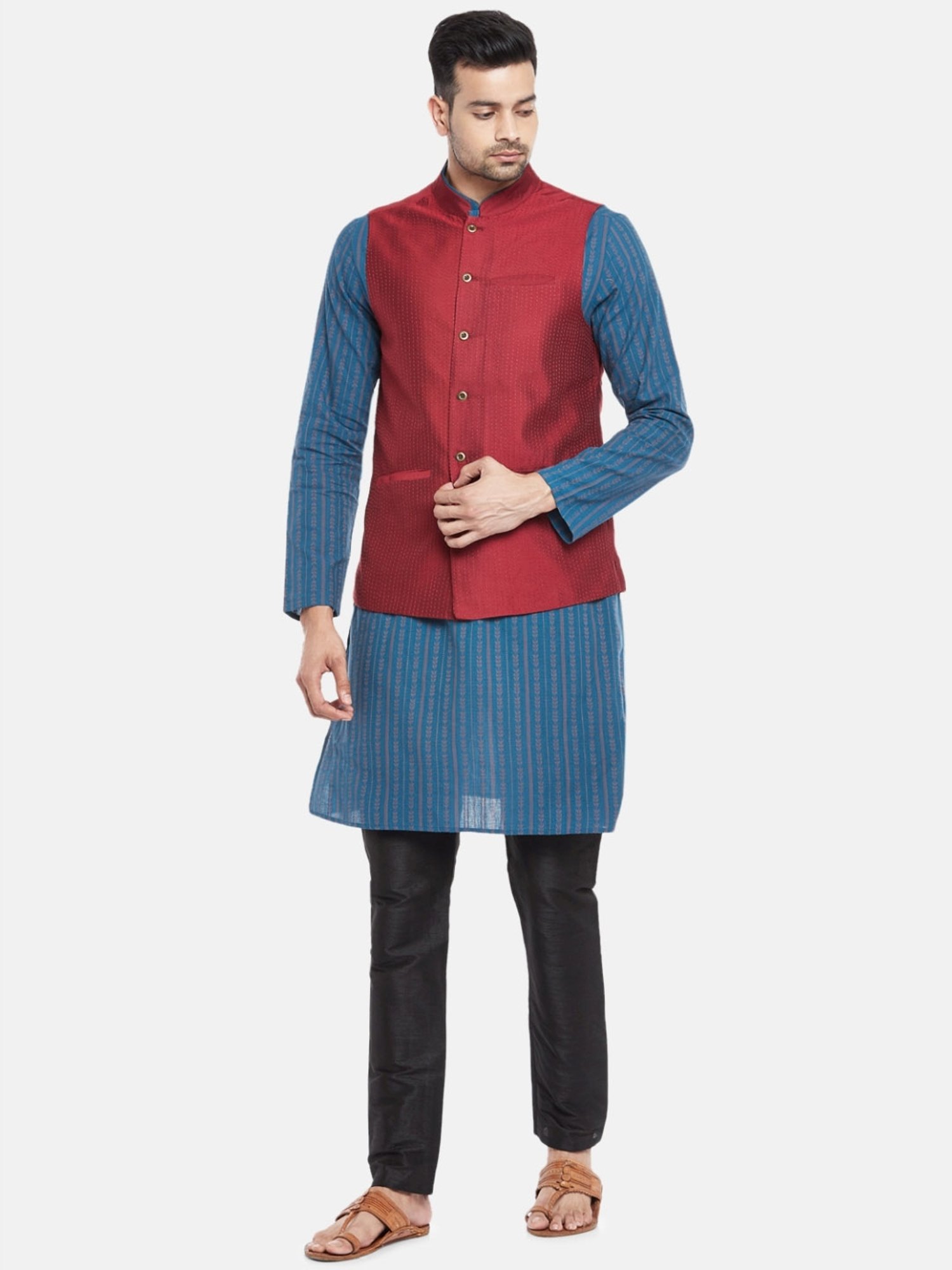 Indus Route by Pantaloons Maroon Regular Fit Self Pattern Nehru Jacket