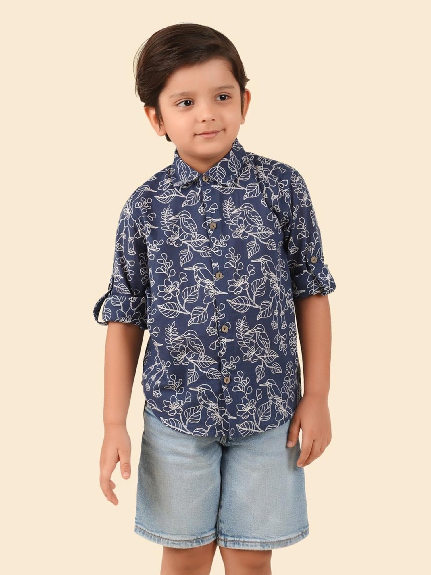 Fabindia Kids Navy Cotton Printed Shirt