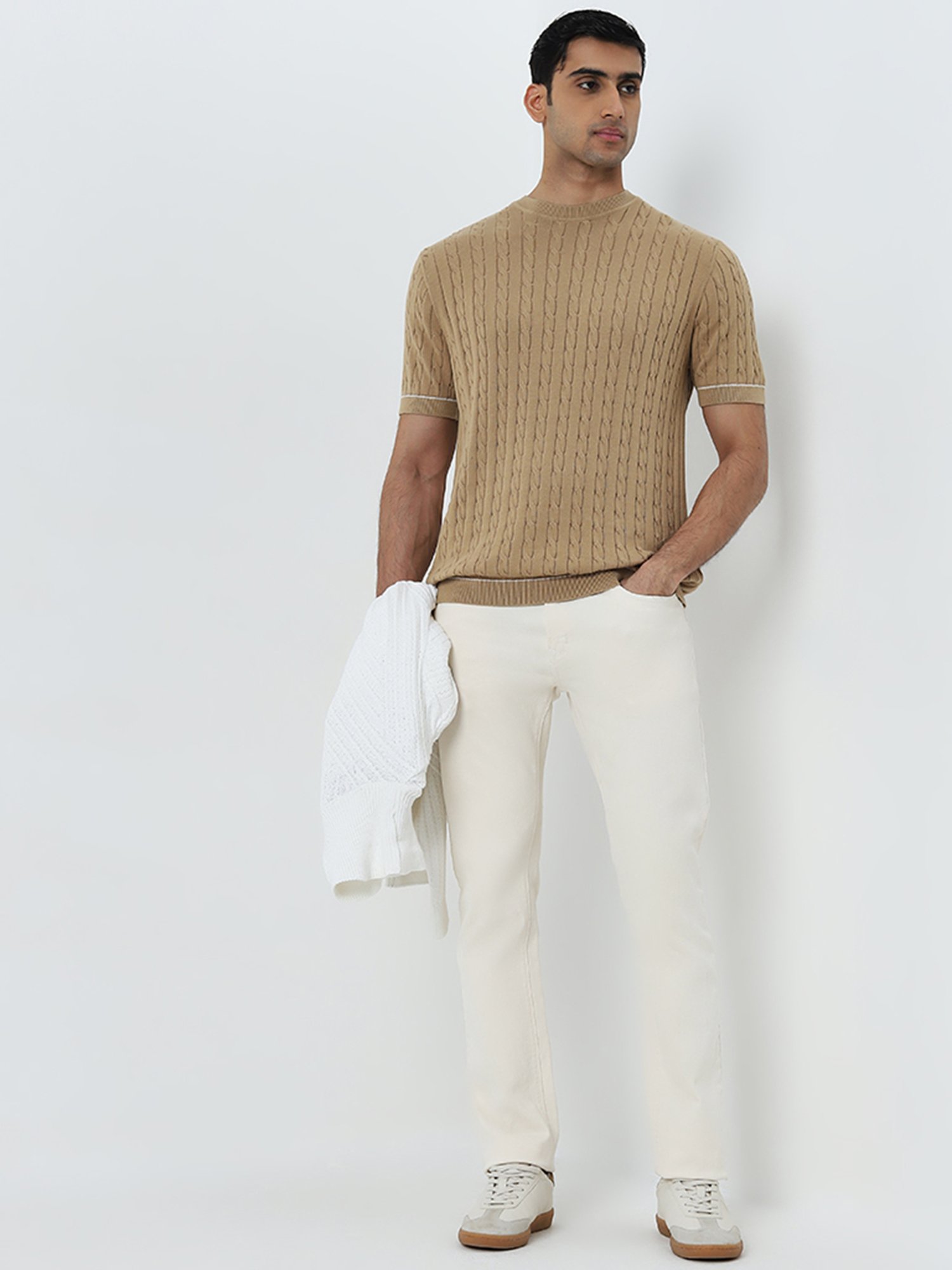 Ascot by Westside Beige Knit-Textured Relaxed-Fit Cotton T-Shirt