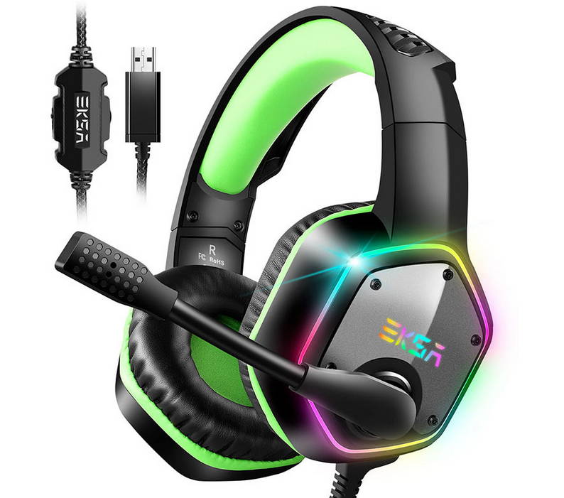 EKSA 7.1 Channel Stereo Sound PUBG Head-mounted USB Gaming Headset LED Light Effect Wired Headphones 120&deg; Free Rotation Desktop Computer Game Headset