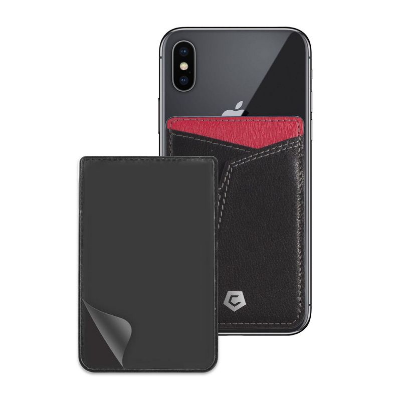 Cobble Pro [Genuine Leather] Stick-On Leather Card Holder Wallet Card Holder for Back of Phone, Black & Red