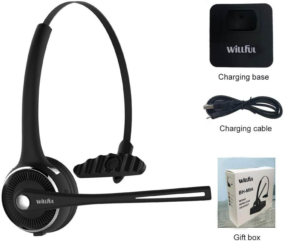 Trucker Bluetooth Headset Wireless Headset with MicrophoneCharging StationNoise Cancelling Hands Free Phone Headset for Truck Driver Call Center Office PC Skype
