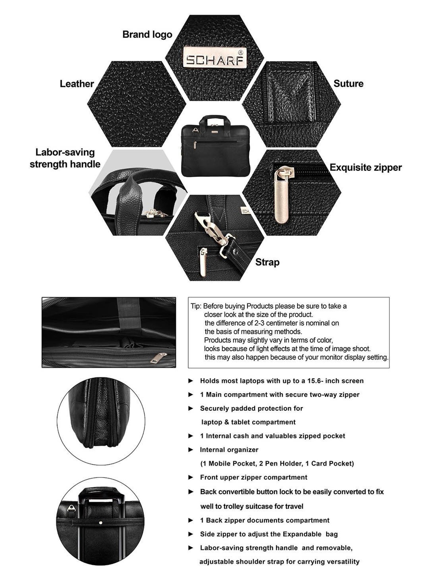 SCHARF Sir Dom  Black Leather Medium Laptop Messenger Bag - 15.6 inches