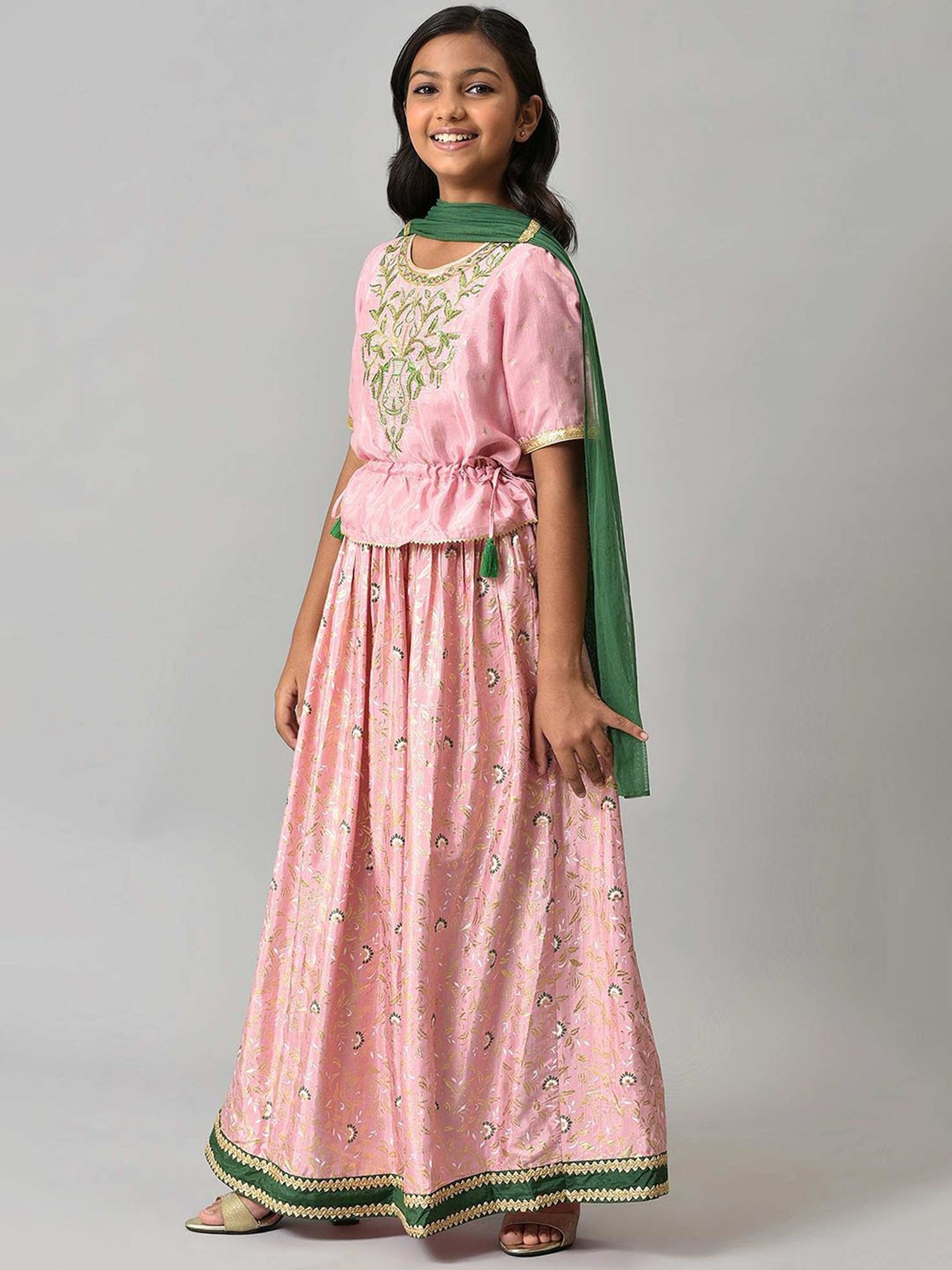 Aurelia Kids Pink & Green Embroidered Top, Skirt with Dupatta