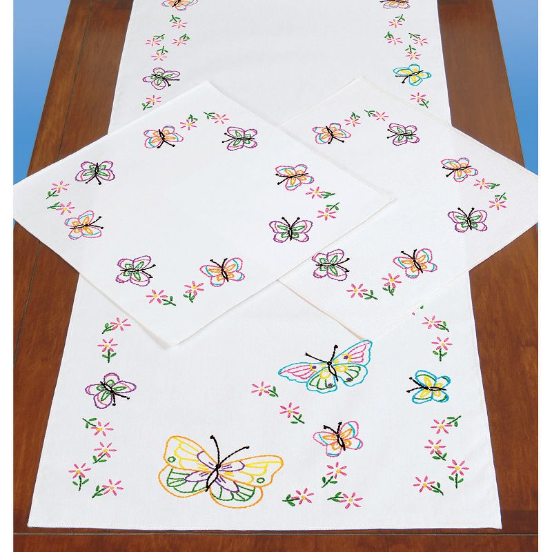Jack Dempsey Stamped Dresser Scarf & Doilies Perle Edge-Fluttering Butterflies