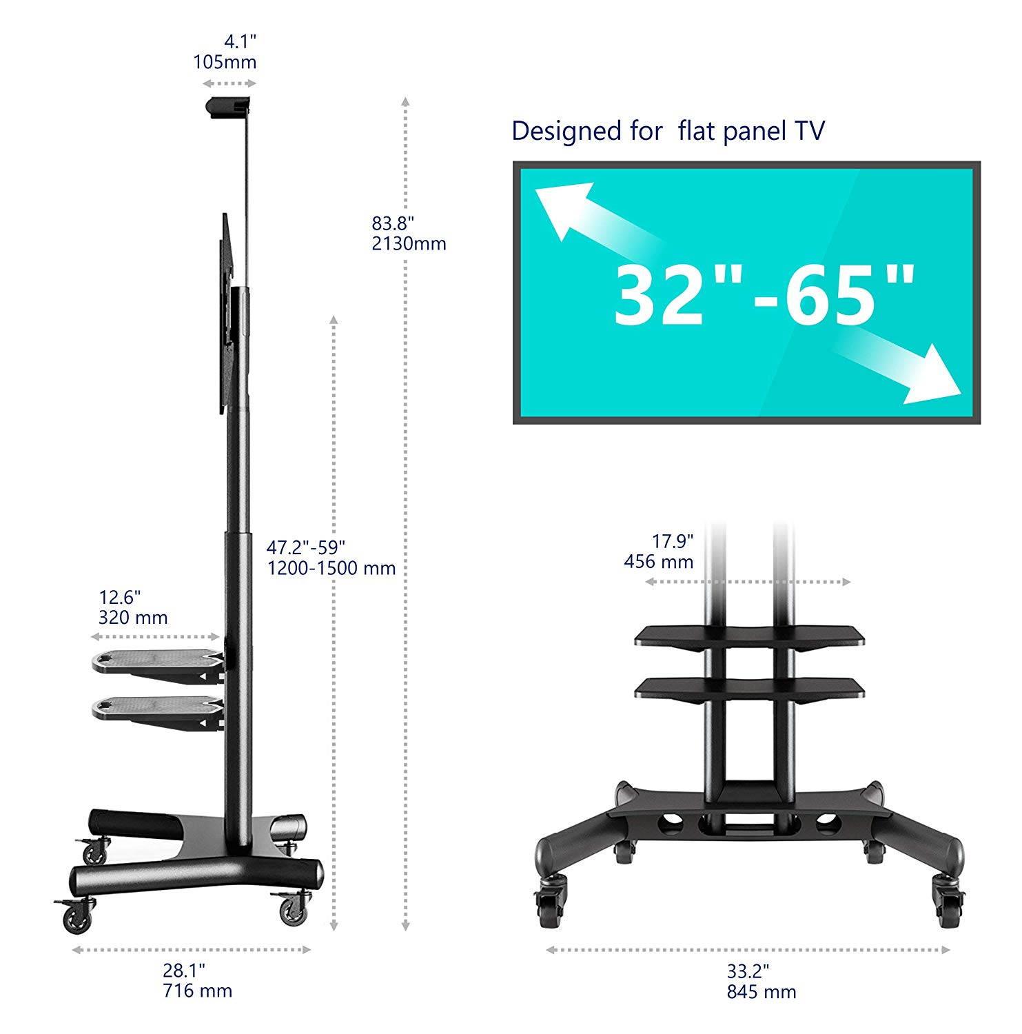 ONKRON Mobile TV Stand TV Cart with wheels & 2 AV Shelves for 32&rdquo; &ndash; 65 inch LCD LED OLED Flat Panel Plasma Screens up to 100 lbs Black TS1552