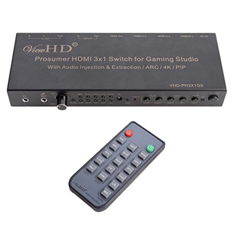 viewhd prosumer hdmi 3x1 switch | 4k@30hz hdmi v1.4 | mic audio injection / combiner | hdmi audio extractor | optical / coax / rca l/r to hdmi audio| arc | model: vhdph3x1gs