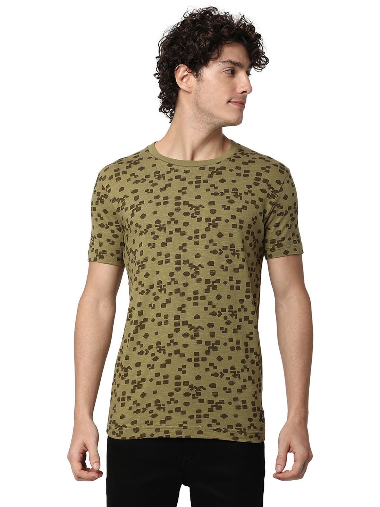 Mufti Light Olive Slim Fit Printed Crew T-Shirt