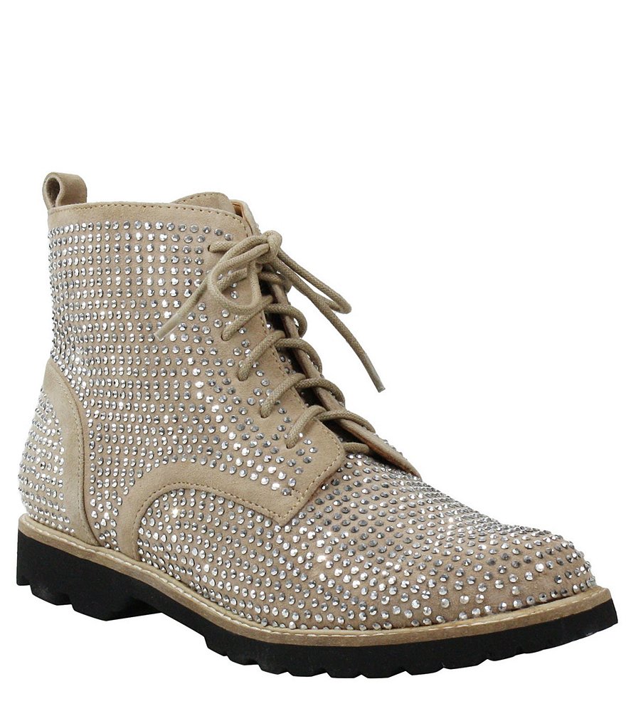 L'Amour Des Pieds Raynelle Suede Rhinestone Embellished Block Heel Combat Booties