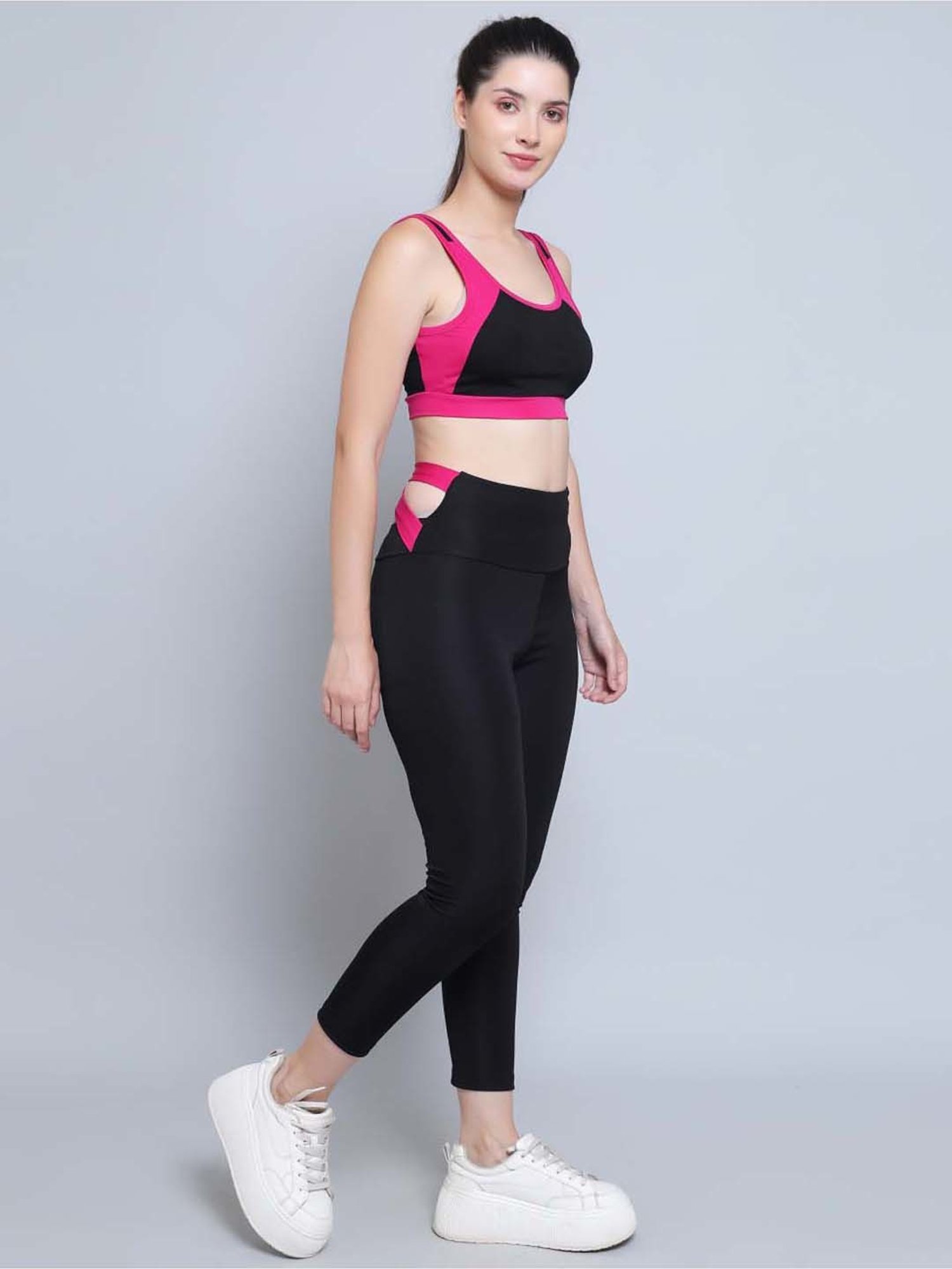 N-Gal Black & Pink Printed Sports Bra With Tights Set