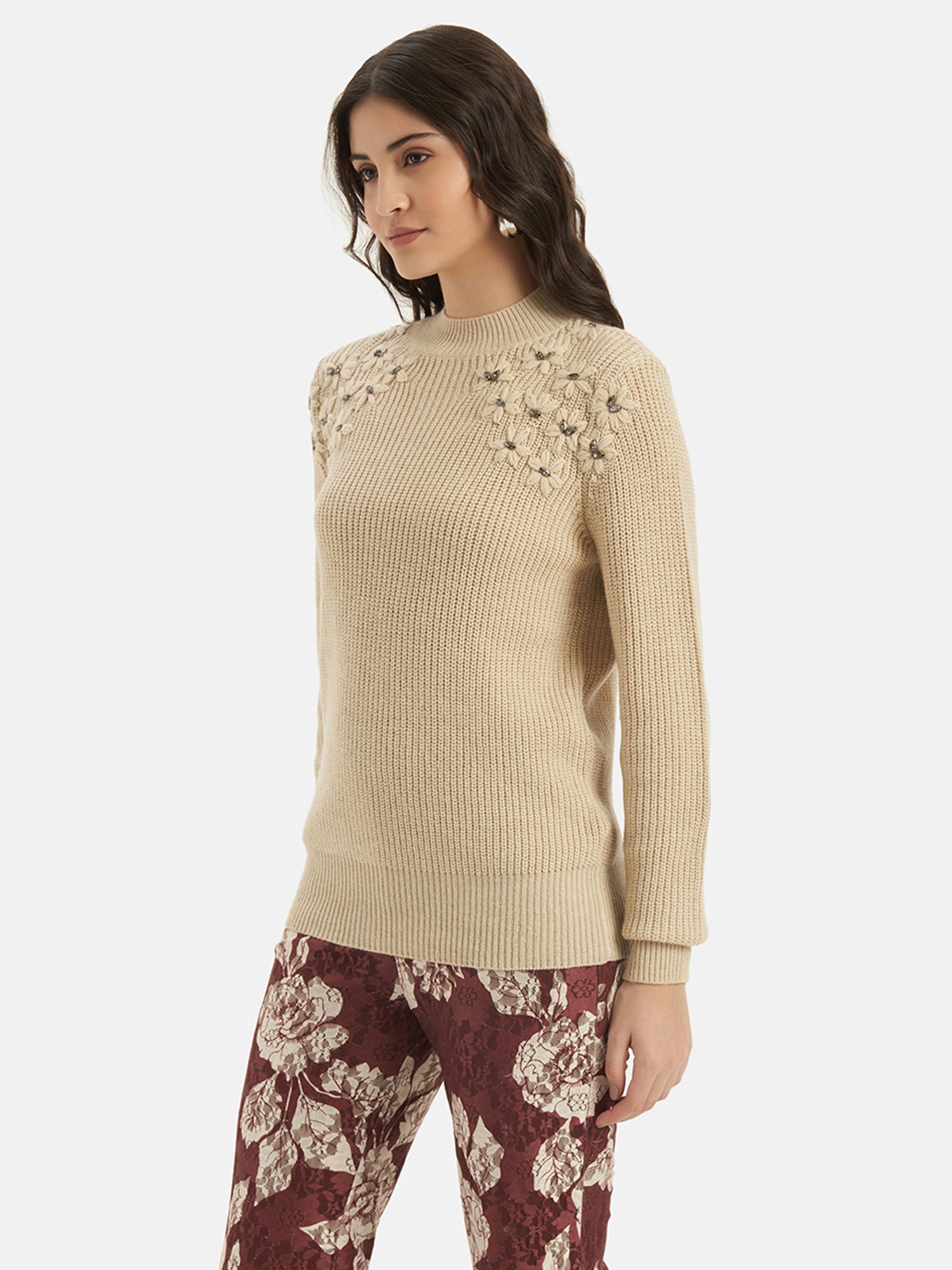 Kazo Beige Floral Embellished Pullover