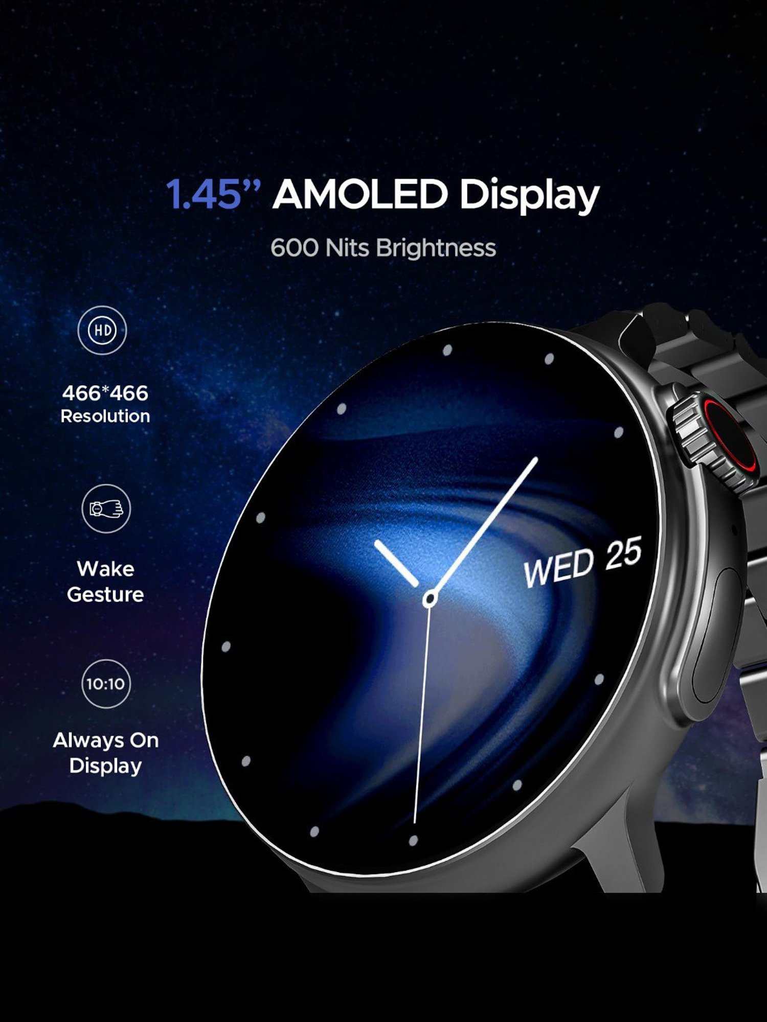 Boat Lunar Tigon Advanced BT Calling Smartwatch with 1.45 inch AMOLED Display & IP67 (Steel Black)