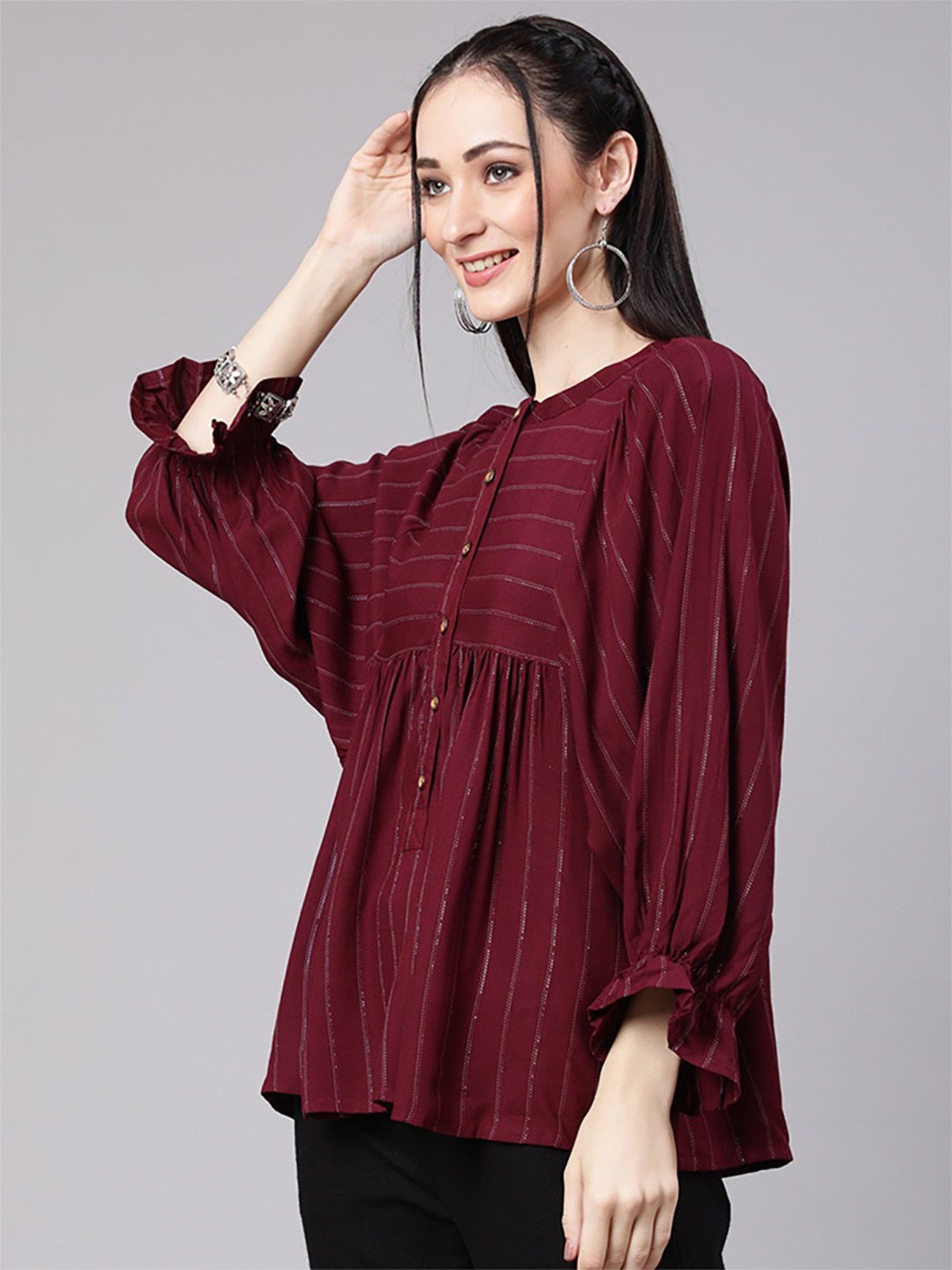 Jaipur Kurti Maroon & Black Striped Top Pant Set