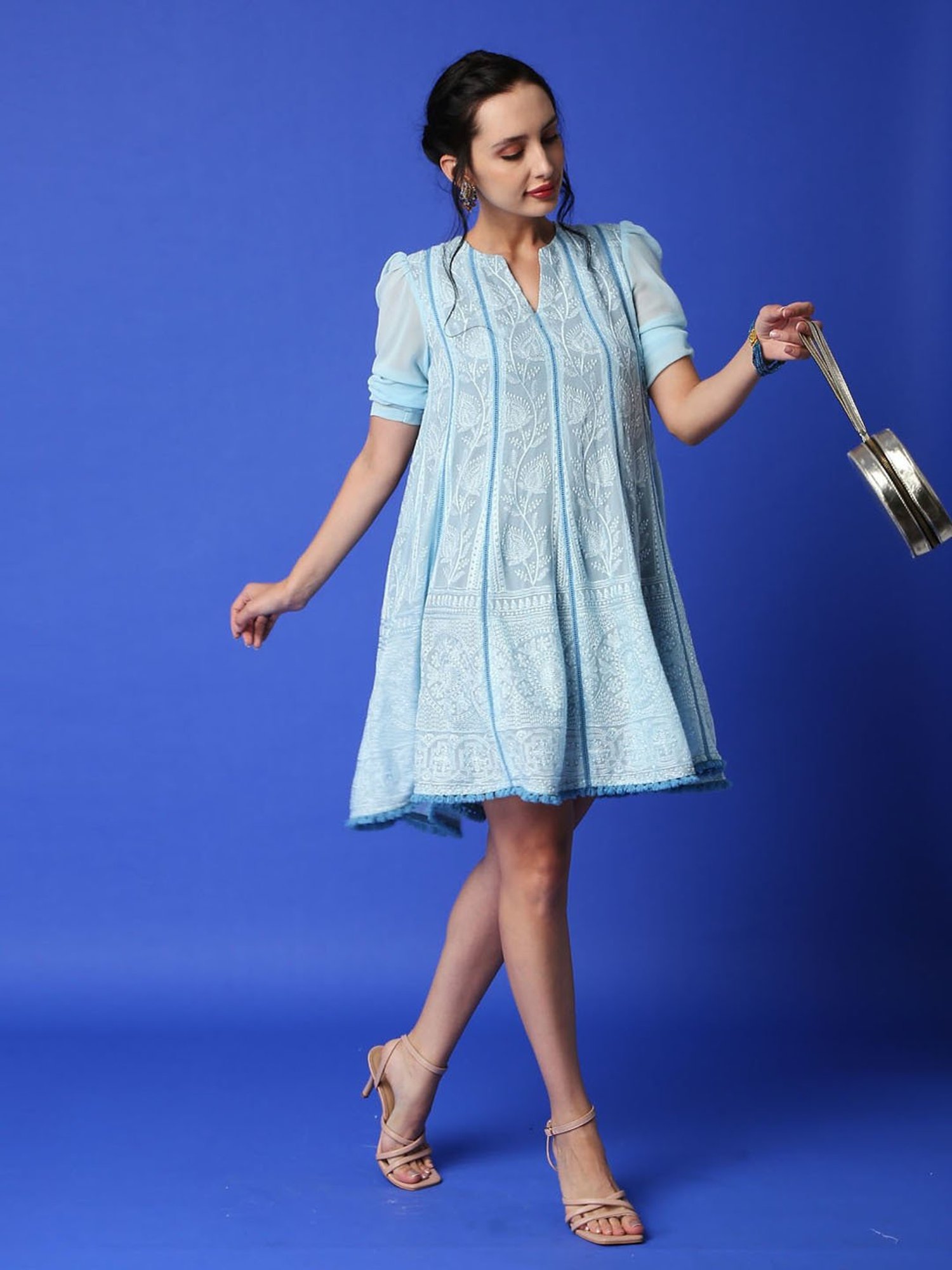 Monk and Mei Mumtaz Chikankari Anarkali Kurta/ Dress- Ice Blue