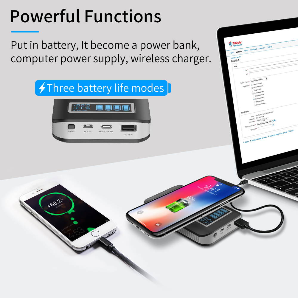 3 In 1 Multifunction Charge Box Charging Station Power Bank All-in-one ,PD 18W Fast Charging ,10W Wireless Charging ,Charger for 18650 Batteries (Battery not Included) Input Output Power Station