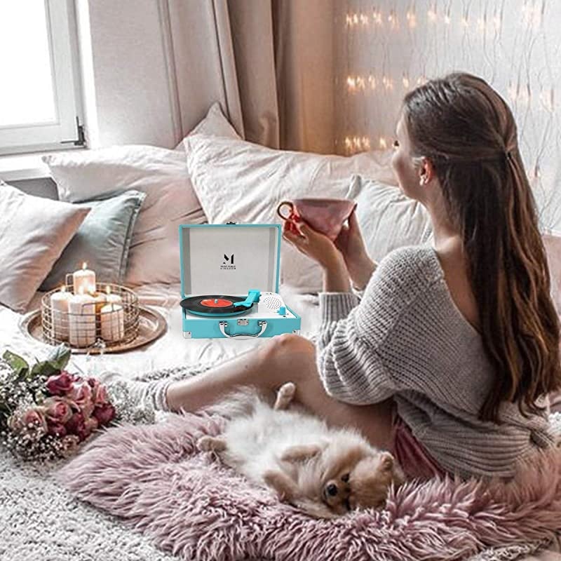 Player, Portable Mini Suitcase Turntable for 7 Inch Vinyl , Belt-Drive 2-Speed Turntable with Built in Stereo Speaker (Blue)