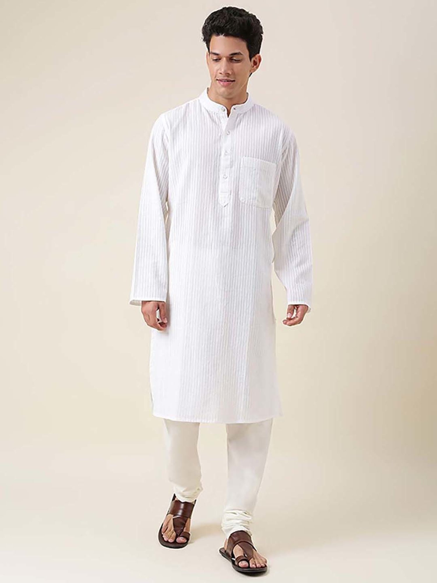 Fabindia White Cotton Regular Fit Striped Kurta