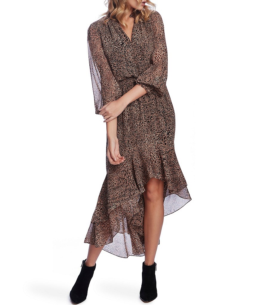 1. STATE Leopard Print Split Collar Ruffle Hi-Low Midi Dress